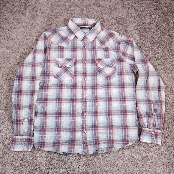 Projek Raw Western Snap Shirt Mens Size Large Long Sleeve Plaid Pockets - Picture 1 of 12